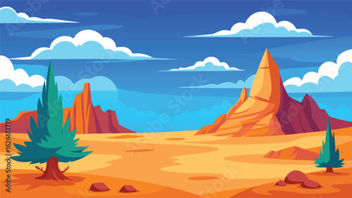 Vibrant desert landscape with rock formations and sparse vegetation