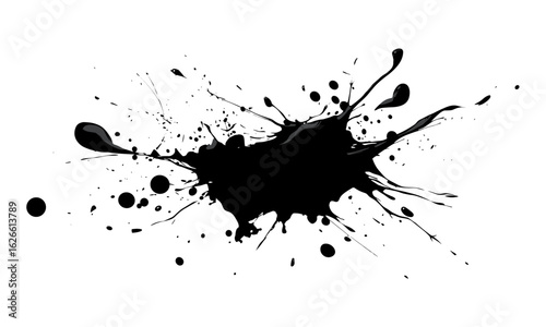 Vector illustration of black ink splash and paint splatter on transparent background. Monochrome abstract stain, grunge blot, artistic liquid brush texture, decorative spray paint, blot design
