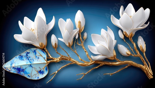 Gold-accented white magnolia blossoms on a deep blue backdrop, with a decorative leaf
