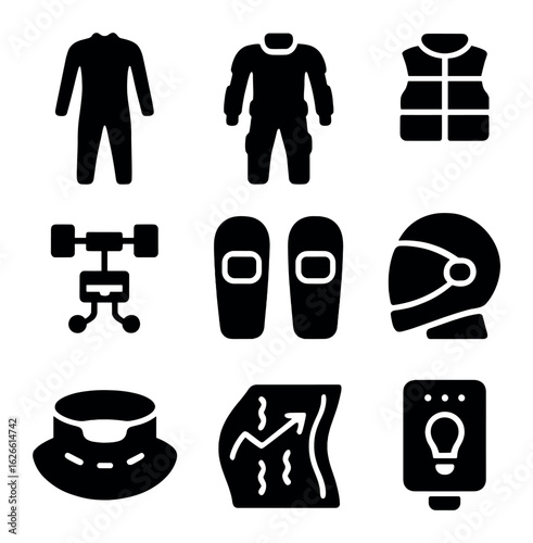 Space Streetwear Icons. Solid, filled icons set of space streetwear layers: base layer suit, protective outer