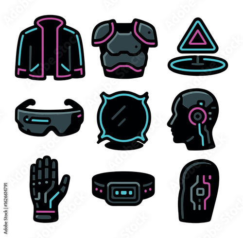 Cyberpunk Spacewear Icons. Solid, filled icons set of cyberpunk spacewear elements: neon trims, metallic armor