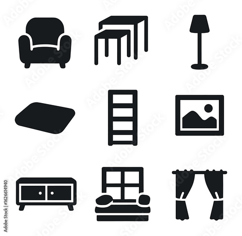 Compact Living Room Icons. Solid, filled icons set of small living room design: compact armchair, nesting