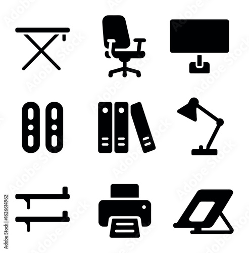 Home Office Icons. Solid, filled icons set of home office in small space: foldable desk, ergonomic chair, wall