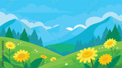 Vibrant mountain meadow with sunflowers and rolling hills