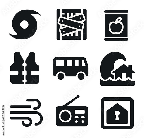 Hurricane Preparedness Icons. Solid, filled icons set of hurricane preparedness: hurricane symbol, boarding up