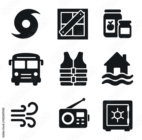Hurricane Preparedness Icons. Solid, filled icons set of hurricane preparedness: hurricane symbol, boarding up