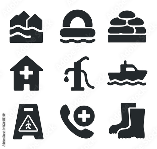 Flood Response Icons. Solid, filled icons set of flood response: water rising, life raft, sandbag wall,