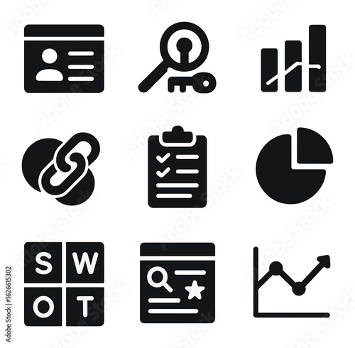 Competitor Analysis Icons. Solid, filled icons set of competitor analysis: competitor site, keyword gap,