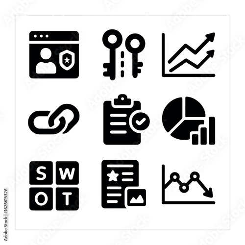Competitor Analysis Icons. Solid, filled icons set of competitor analysis: competitor site, keyword gap,