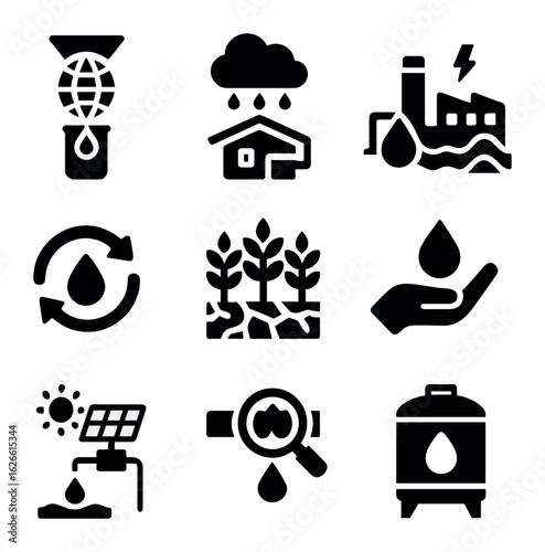 Global Water Solutions Icons. Solid, filled icons set of global water crisis solutions: water filtration,