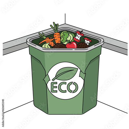 Green corner compost bin filled with food scraps, promoting eco-friendly waste disposal.