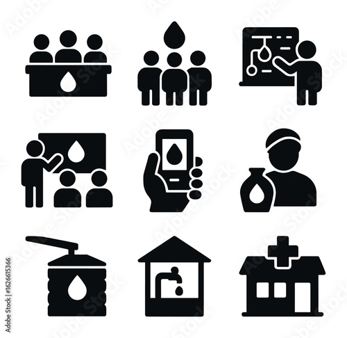 Community Water Solution Icons. Solid, filled icons set of community-based water solutions: local water
