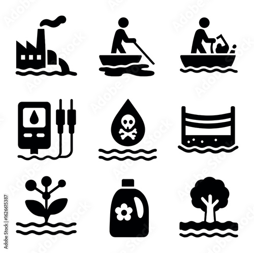 Water Pollution Control Icons. Solid, filled icons set of water pollution control: industrial wastewater, oil