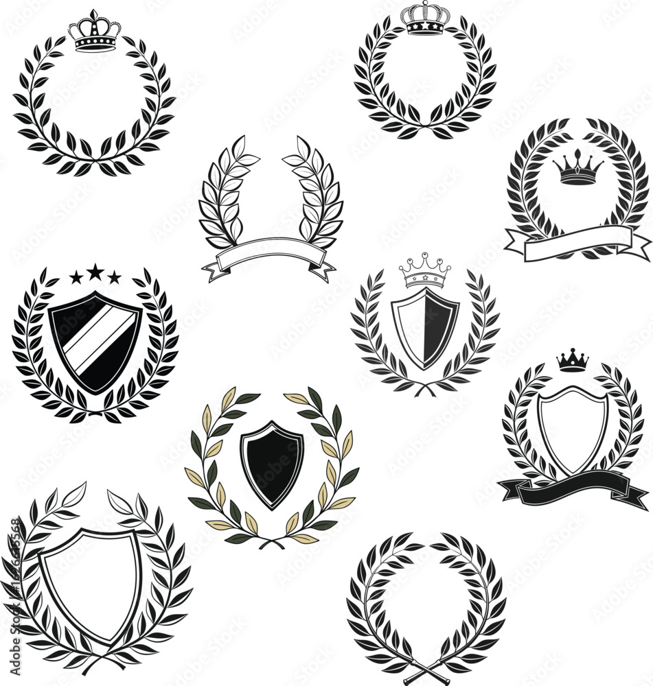Fototapeta premium Luxury Laurel Wreath Shield Emblem Set for Mobile Phone Wallpaper, HD Background, Vintage Heraldic Insignia Design for Decoration