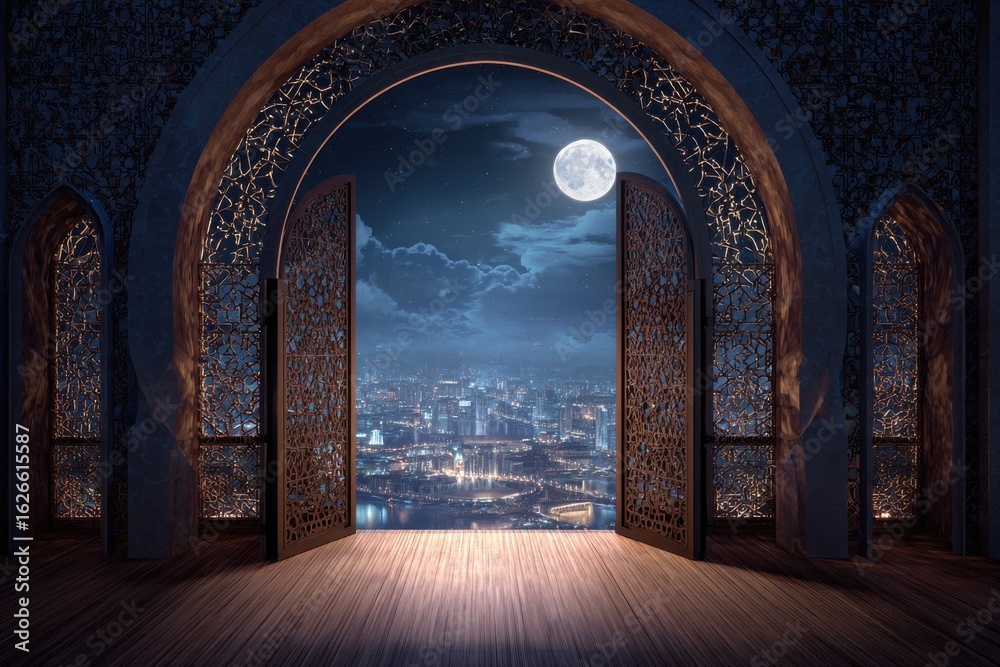 Fototapeta premium Ornate Archway with Open Doors Overlooking City at Night and Full Moon Sky