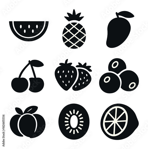 Summer Fruit Icons. Solid, filled icons set of summer fruits on the kitchen counter: watermelon slice,