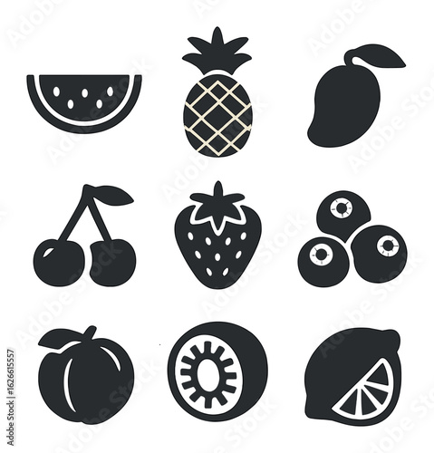Summer Fruit Icons. Solid, filled icons set of summer fruits on the kitchen counter: watermelon slice,