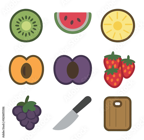 Summer Fruit Icons. Solid, filled icons set of sliced summer fruits on a cutting board: kiwi, watermelon,