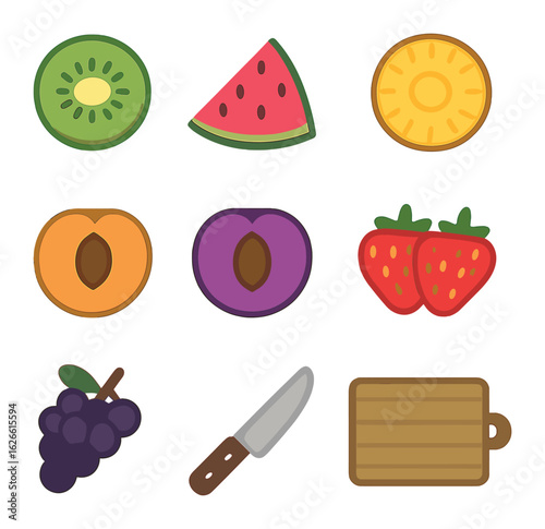 Summer Fruit Icons. Solid, filled icons set of sliced summer fruits on a cutting board: kiwi, watermelon,
