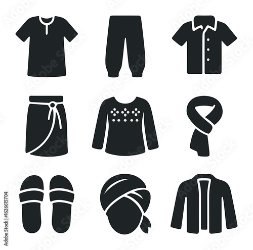 Ethnic Clothing Icons. Solid, filled icons set of ethnic clothing for daily wear: simple tunics, loose