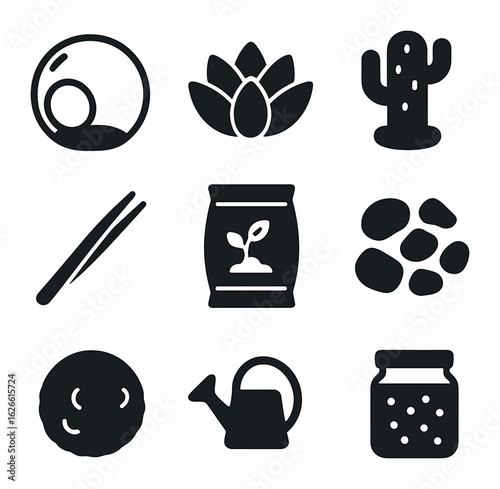 DIY Terrarium Icon Set. Solid, filled icons set of DIY terrarium kits and supplies: glass globe container,