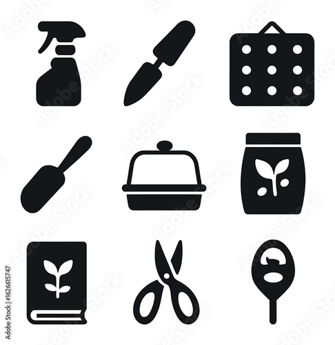 Botanical Tools Icon Set. Solid, filled icons set of botanical hobby tools: spray bottle, trowel, LED grow