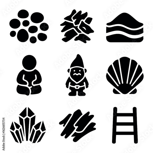Plant Accessory Icons. Solid, filled icons set of plant arrangement accessories: white gravel, wood chips,