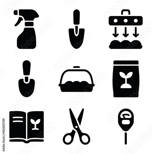Botanical Tools Icon Set. Solid, filled icons set of botanical hobby tools: spray bottle, trowel, LED grow