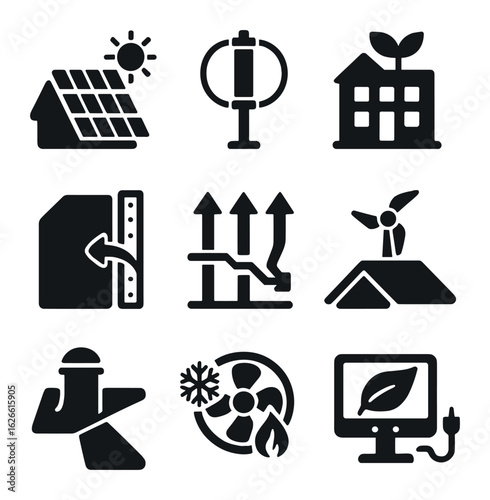 Sustainable Architecture Icons. Solid, filled icons set of sustainable architecture energy systems: solar roof