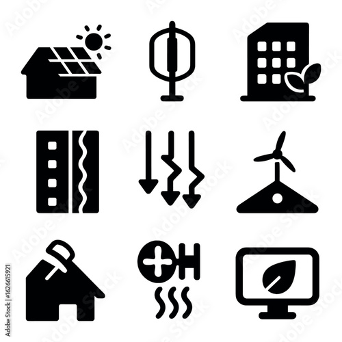 Sustainable Architecture Icons. Solid, filled icons set of sustainable architecture energy systems: solar roof