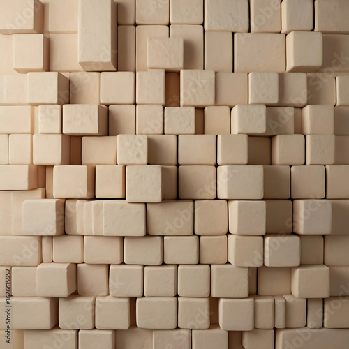 Cubist Wooden Blocks: An intricate arrangement of light wooden blocks forms a dynamic and visually engaging cubist pattern, showcasing the beauty of geometric shapes and textures.