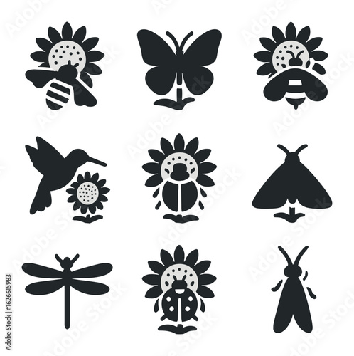 Pollinators Icon Set. Solid, filled icons set of pollinators in sunflower fields: honeybee, butterfly,