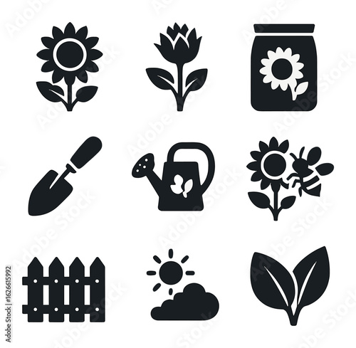 Sunflower Garden Icons. Solid, filled icons set of June sunflowers in the garden: blooming sunflower,