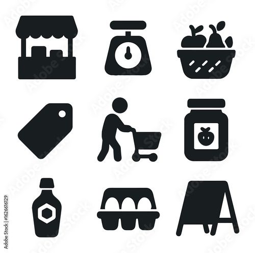 Local Market Icons. Solid, filled icons set of local food markets: vendor booth, weighing scale, fruit basket,