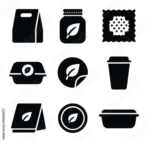 Eco Packaging Icons. Solid, filled icons set of eco-conscious food packaging: paper bag, glass jar, beeswax