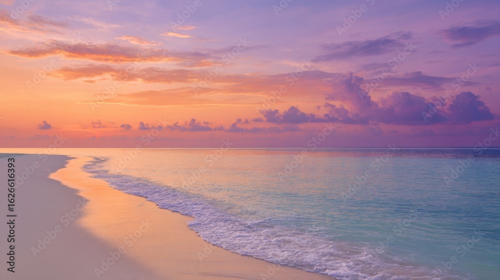 Obraz premium Serene sunset over calm ocean pink and purple sky white sand beach waves