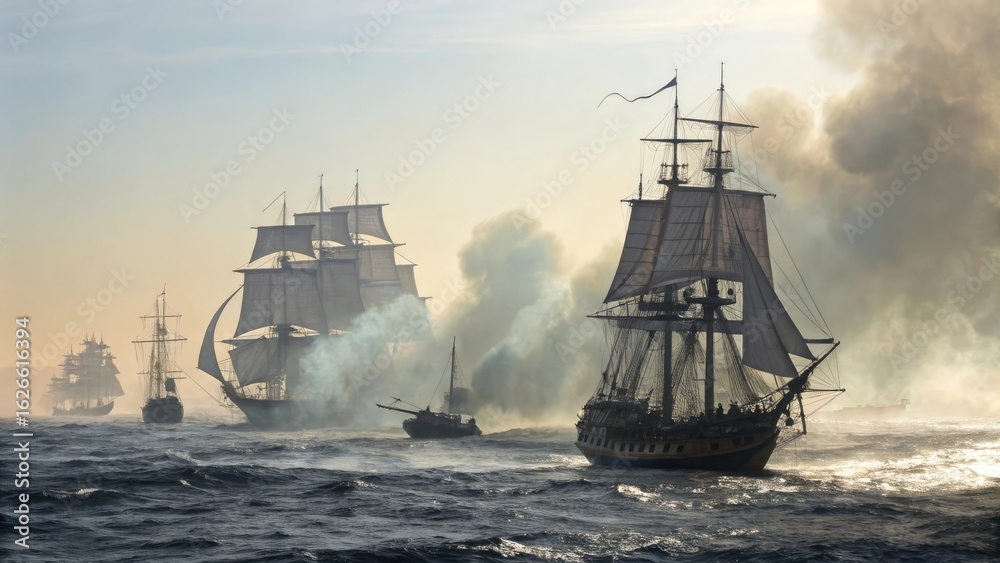 Obraz premium Sailing ships emerge from dense fog smoke image