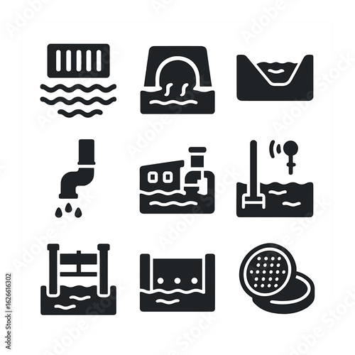 Urban Drainage Icons. Solid, filled icons set of urban drainage infrastructure: storm drain, culvert,