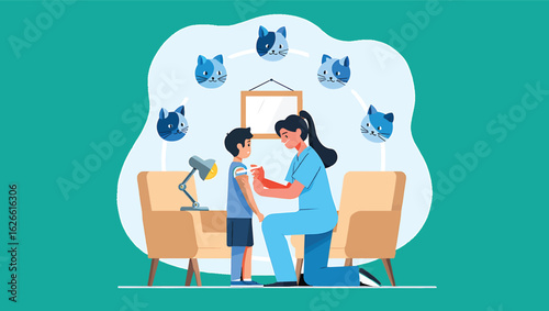 Pediatrician administering a vaccine to a young boy in a clinic, a vector illustration.