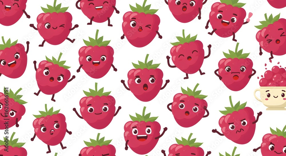 Fototapeta premium Cute Cartoon Strawberries with Smiling Faces on White Background for Kids Designs