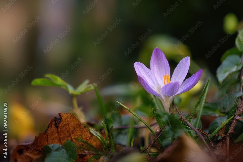 Solitary Purple Crocus Flower Blooming Among Green Grass and Fallen Leaves in Autumn Solitary Purple Crocus Flower Blooming Among Green Grass and Fallen Leaves in Autumn