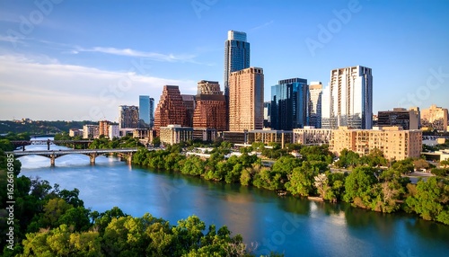 Fototapeta Naklejka Na Ścianę i Meble -  Panoramic cityscape view of a vibrant city by a river
