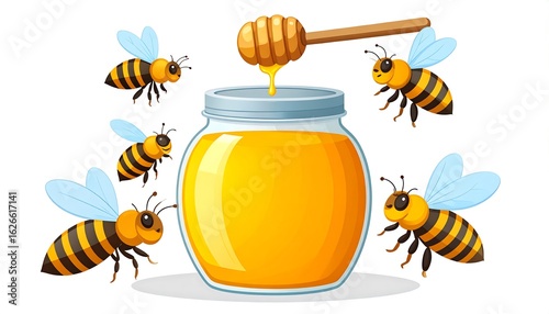 Honey jar with bees. Animated honey dripping from dipper