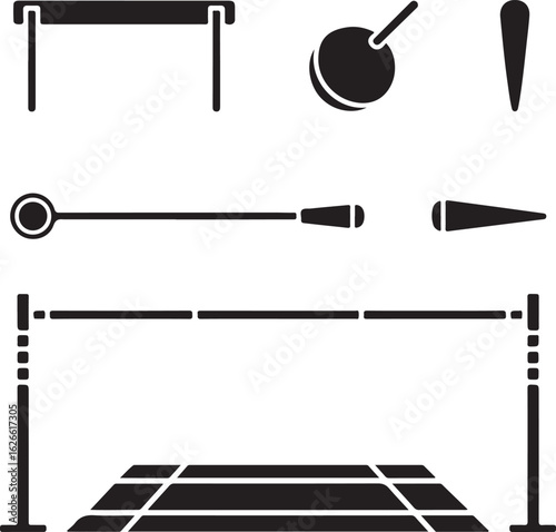 Track and Field Solid Icons Set – Hurdle, Baton, Shot Put, Discus, High Jump Bar, and Pole Vault Tools
