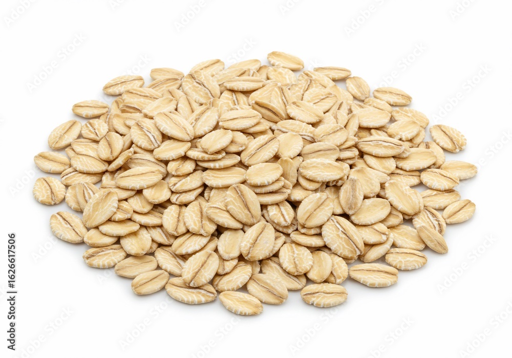 Rolled Oats Pile: Close-Up of Healthy Breakfast Grain on White Background Rolled Oats Pile: Close-Up of Healthy Breakfast Grain on White Background