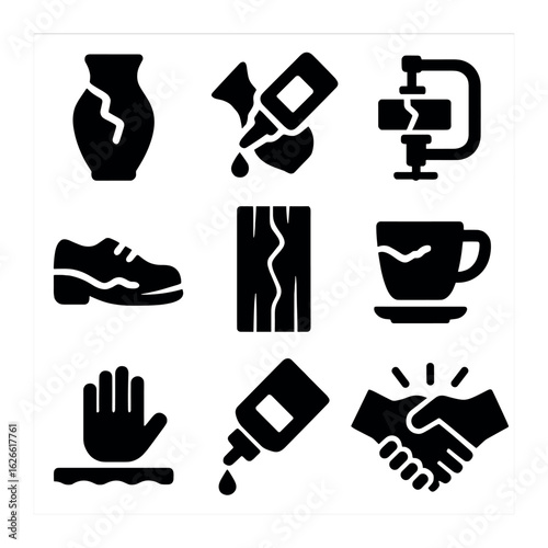 Home DIY Repair Icons. Solid, filled icons set of home DIY repairs with glue: broken vase, glue fix in
