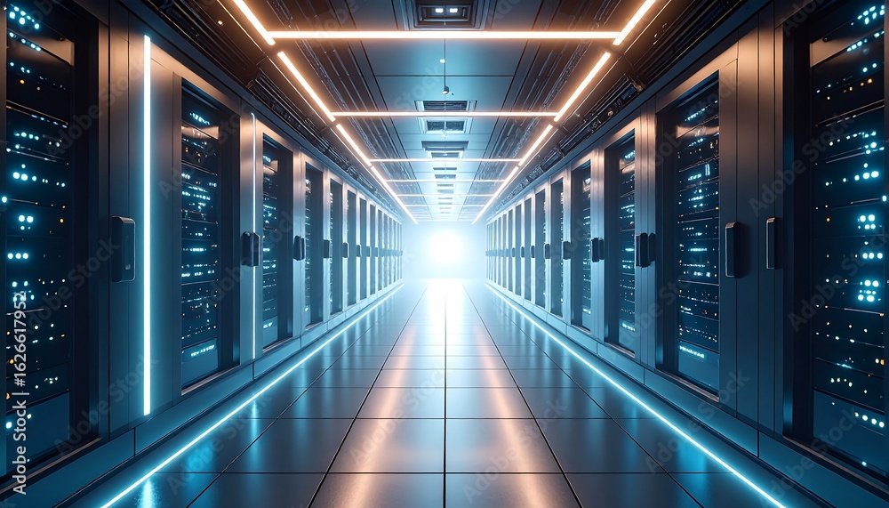 Fototapeta premium Server Room Corridor with Data Storage Racks and Neon Lighting