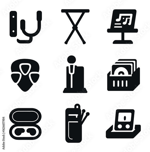 Musical Organization Icons. Solid, filled icons set of organizing musical instruments at home: guitar wall