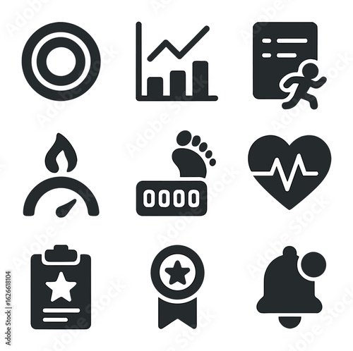 Fitness App Icons. Solid, filled icons set of fitness app interfaces: activity rings, progress graph, workout
