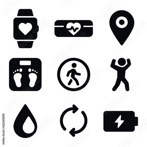 Wearable Fitness Icons. Solid, filled icons set of wearable fitness tech: smartwatch, heart rate band, GPS